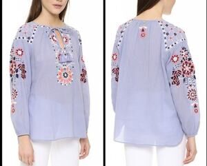 Paige Blue Sheer Margot Paisley Ruffled Long Sleeve Peasant Bohemian Blouse Sz S